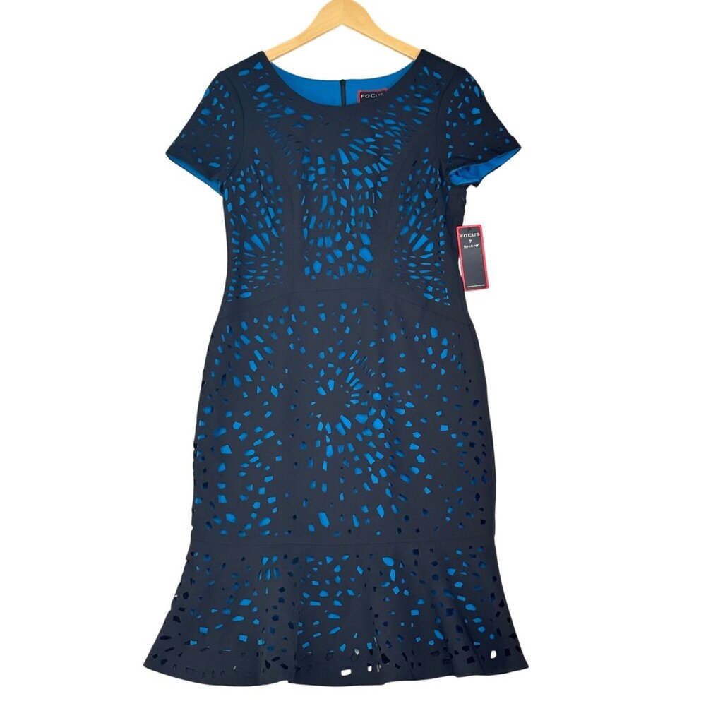 Focus By Shani Black Blue Laser Cut Short Sleeve Flounce Hem Midi Dress Sz 4 NEW